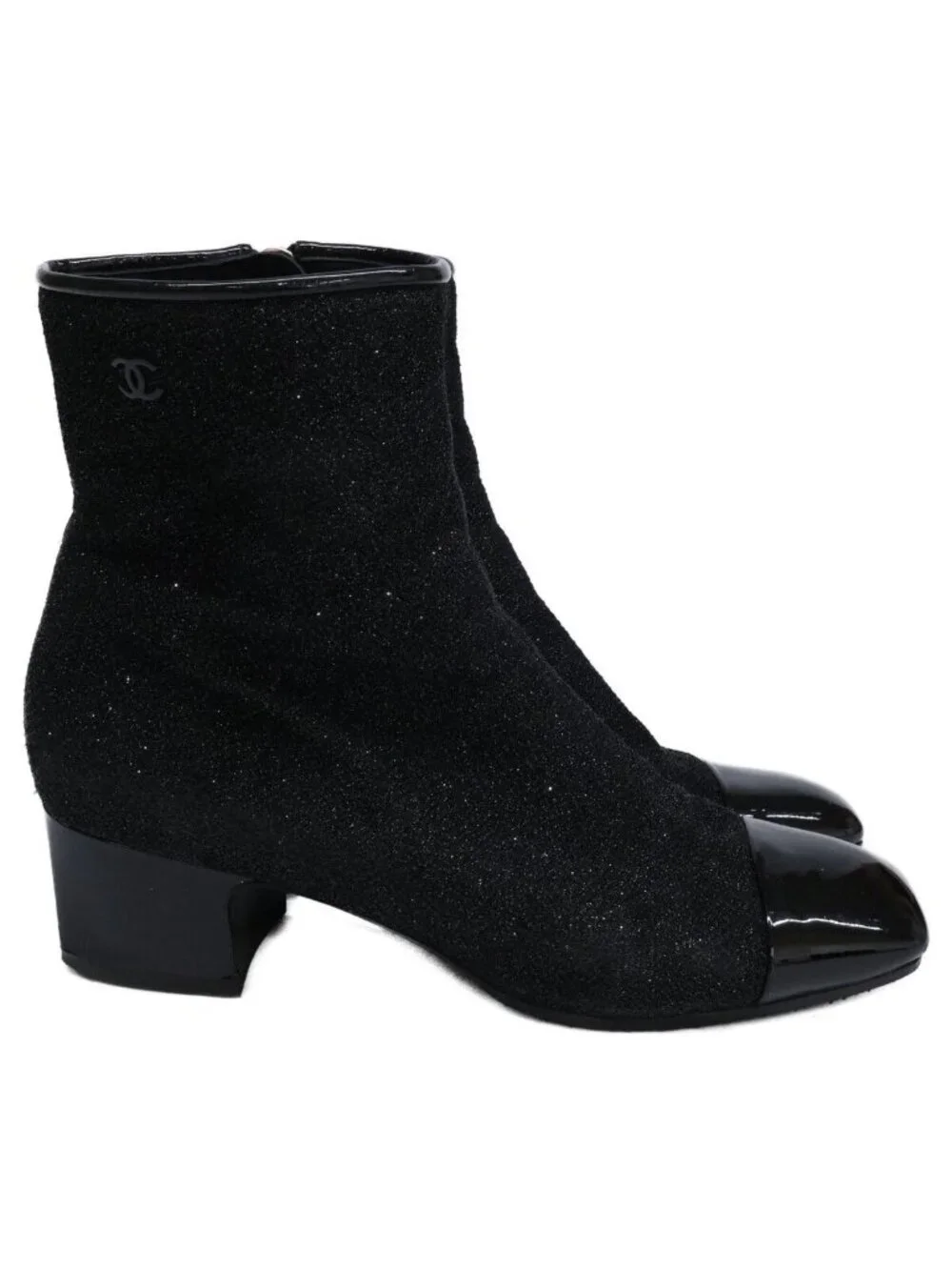 Chanel Square Toe Side Zip Chunky Heels Glitter Boots 37 1 2C